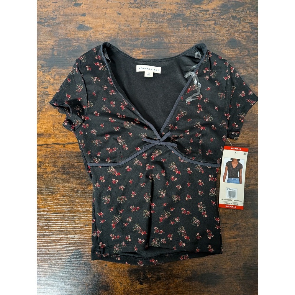 Aeropostale Mesh V-Neck Crop Top Black Floral Plum Size XS New NWT